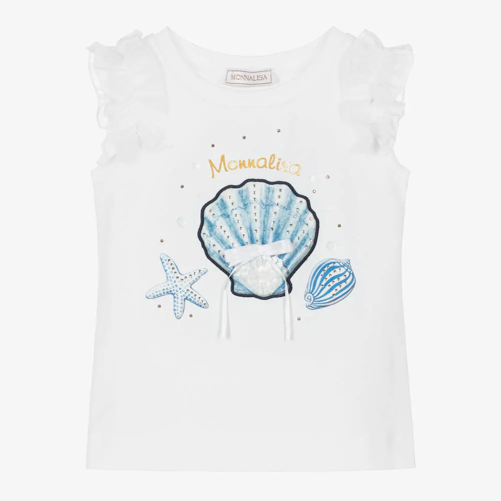 Girls White Sea Shell Cotton T-Shirt