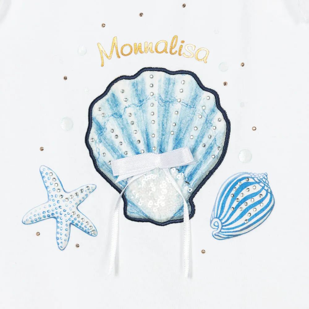 Girls White Sea Shell Cotton T-Shirt