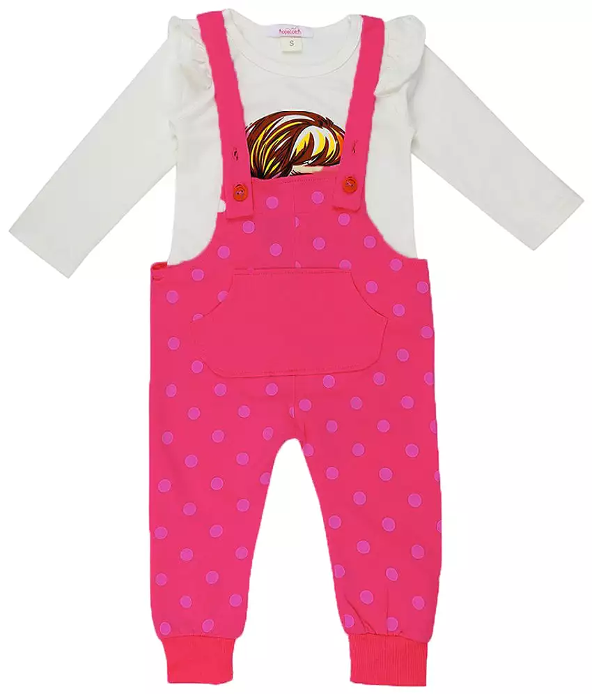 Hopscotch Baby Girls Cotton Doll Print Full Sleeves Top And Dungaree Set in Pink Color X809313