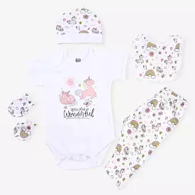 Infant Girls Cotton Poplin 5 Piece Set (Romper/Pyjama/Cap/Mittens/Bib)-mIX