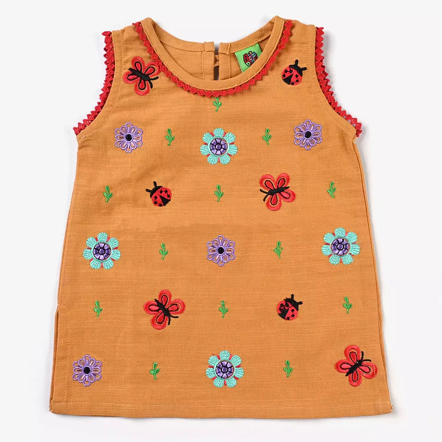 Infant Girls Cotton Slub Embroidered Kurti Glowing Flowers-Mustard