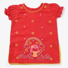 Infant Girls Cotton Slub Embroidered Kurti Pretty-Red