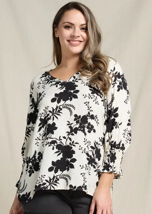 Ivory & Black Floral Smock Sleeve Top