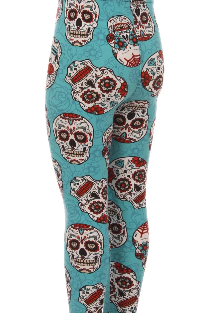 Kid's Teal Sugar Skulls Pattern Printed Leggings