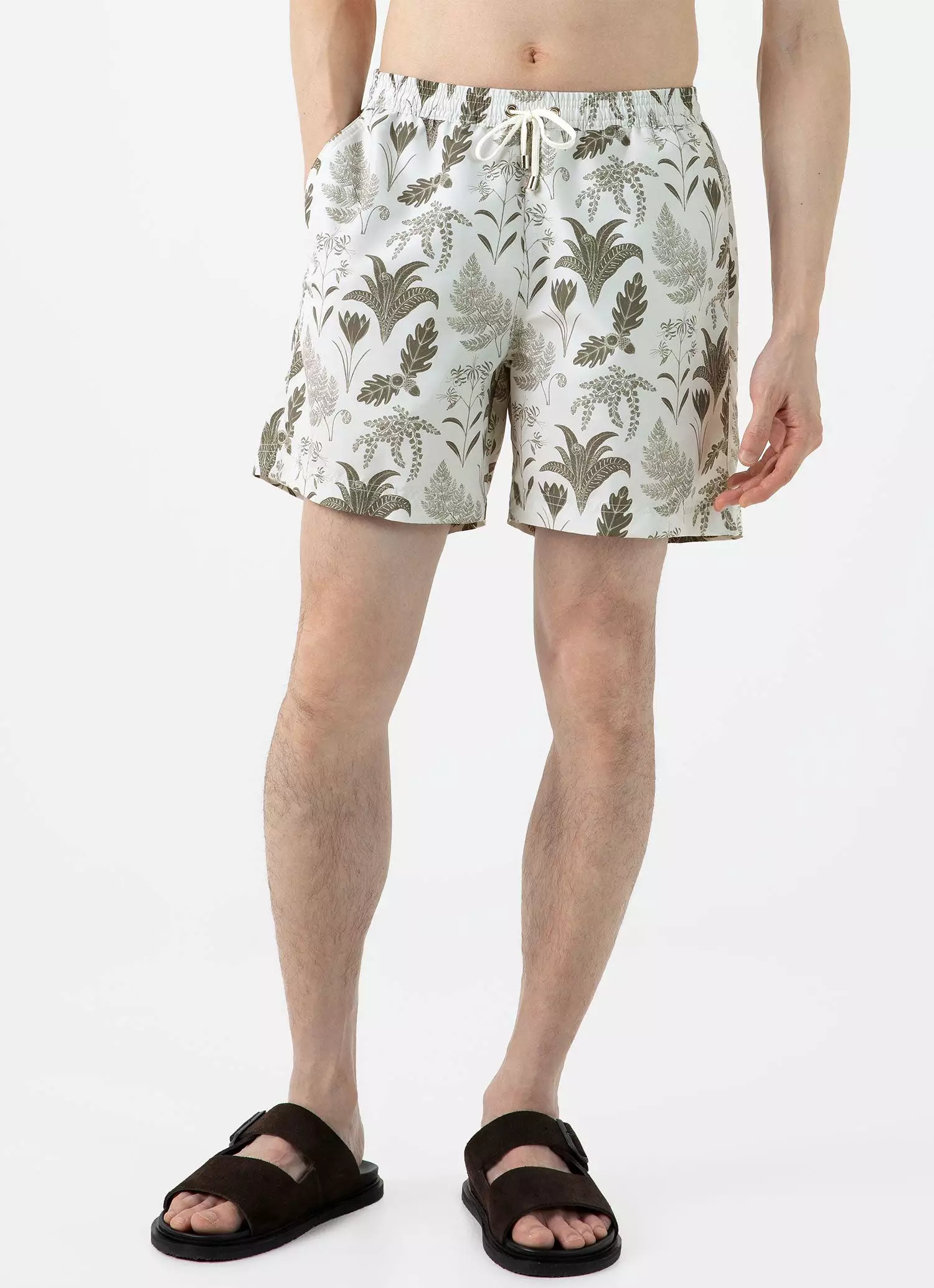 Men's Leaf Print Swim Short in Ecru