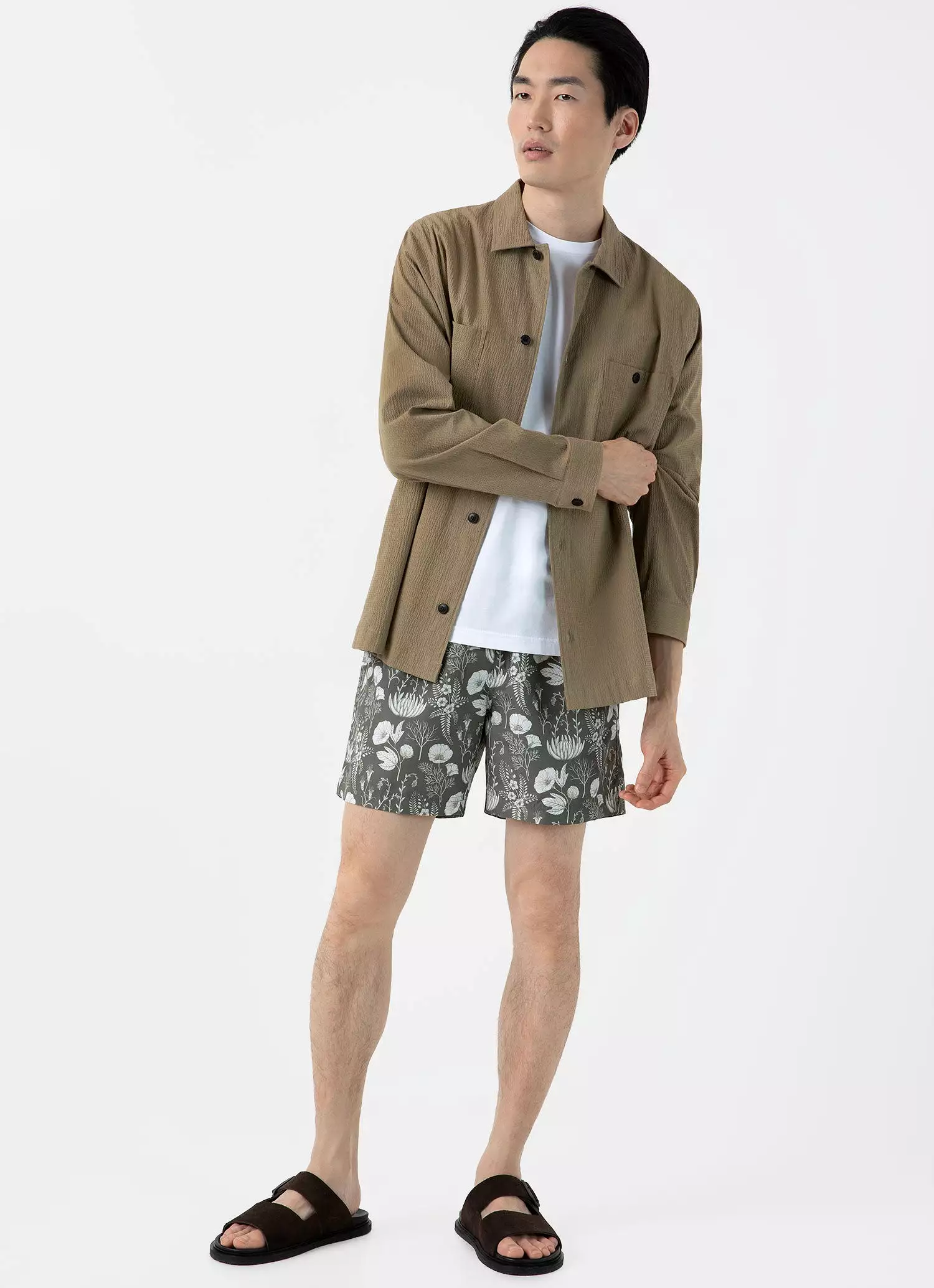 Men's Leaf Print Swim Short in Pale Khaki