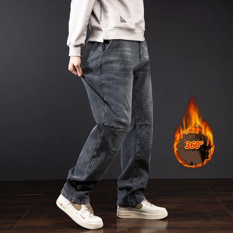 Men's Winter Casual Brushed Thick Hip Hop Baggy Warm Straight Leg Jeans