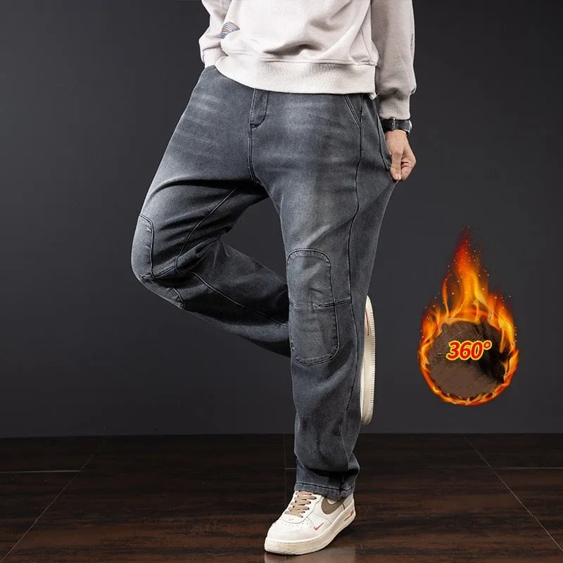 Men's Winter Casual Brushed Thick Hip Hop Baggy Warm Straight Leg Jeans