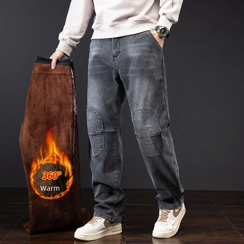 Men's Winter Casual Brushed Thick Hip Hop Baggy Warm Straight Leg Jeans