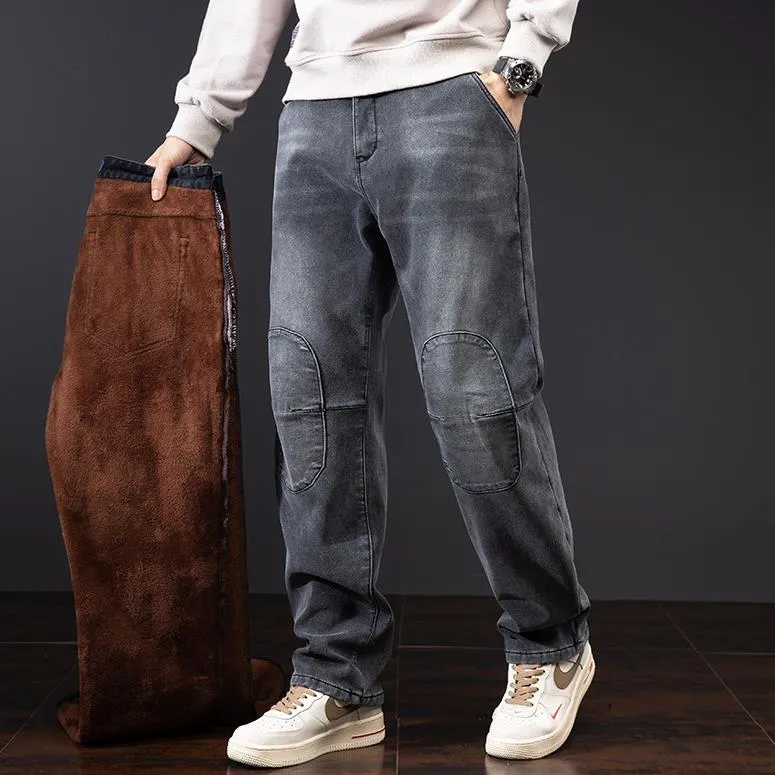 Men's Winter Casual Brushed Thick Hip Hop Baggy Warm Straight Leg Jeans