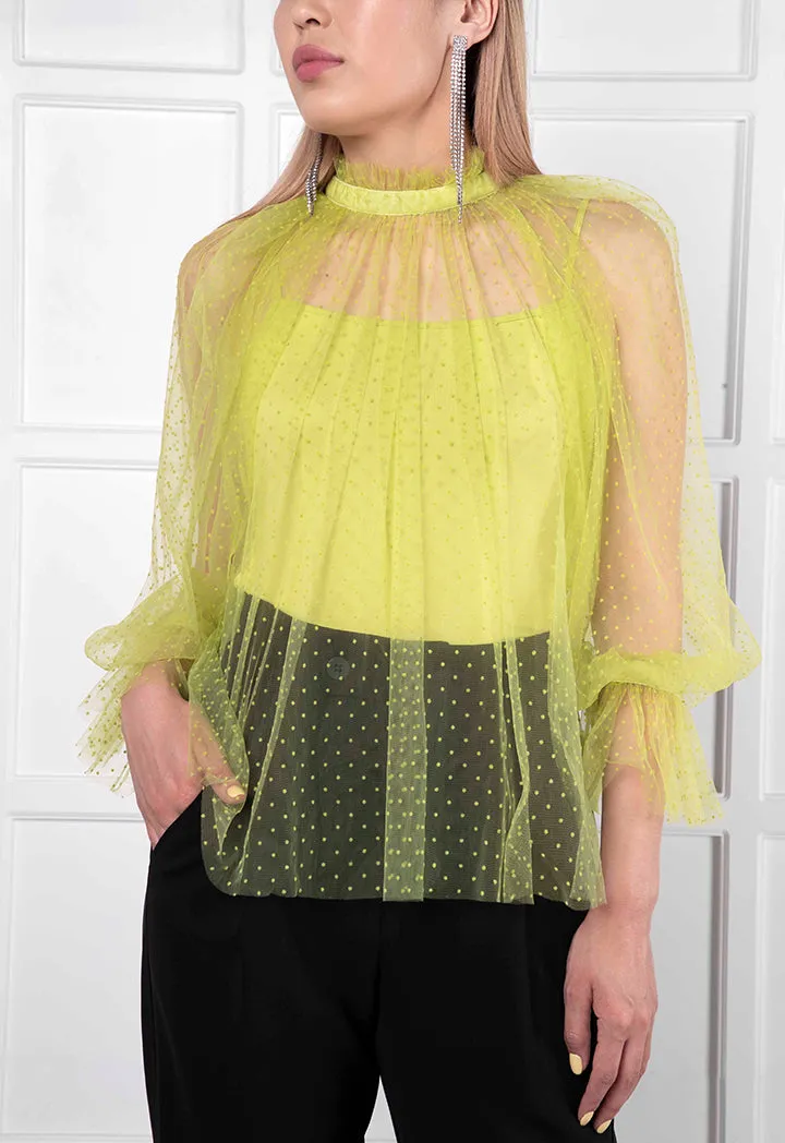 Mesh Ruffle Neckline Blouse