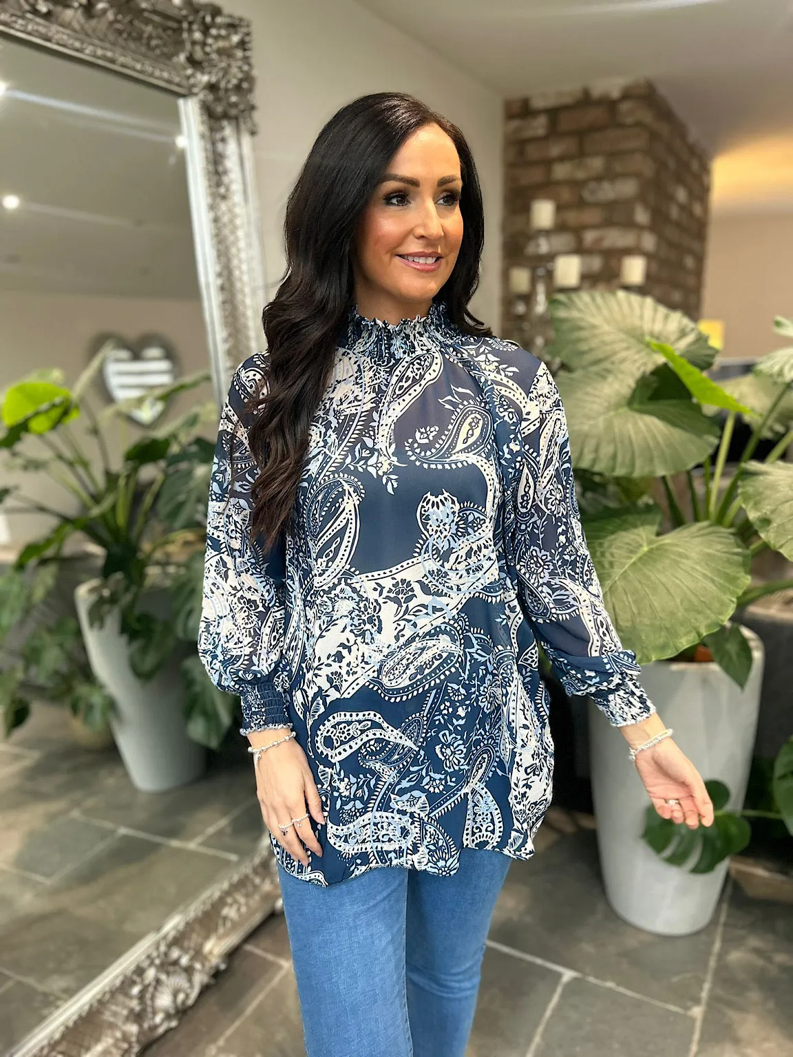 Navy Paisley High Neck Blouse June