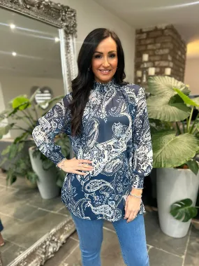 Navy Paisley High Neck Blouse June