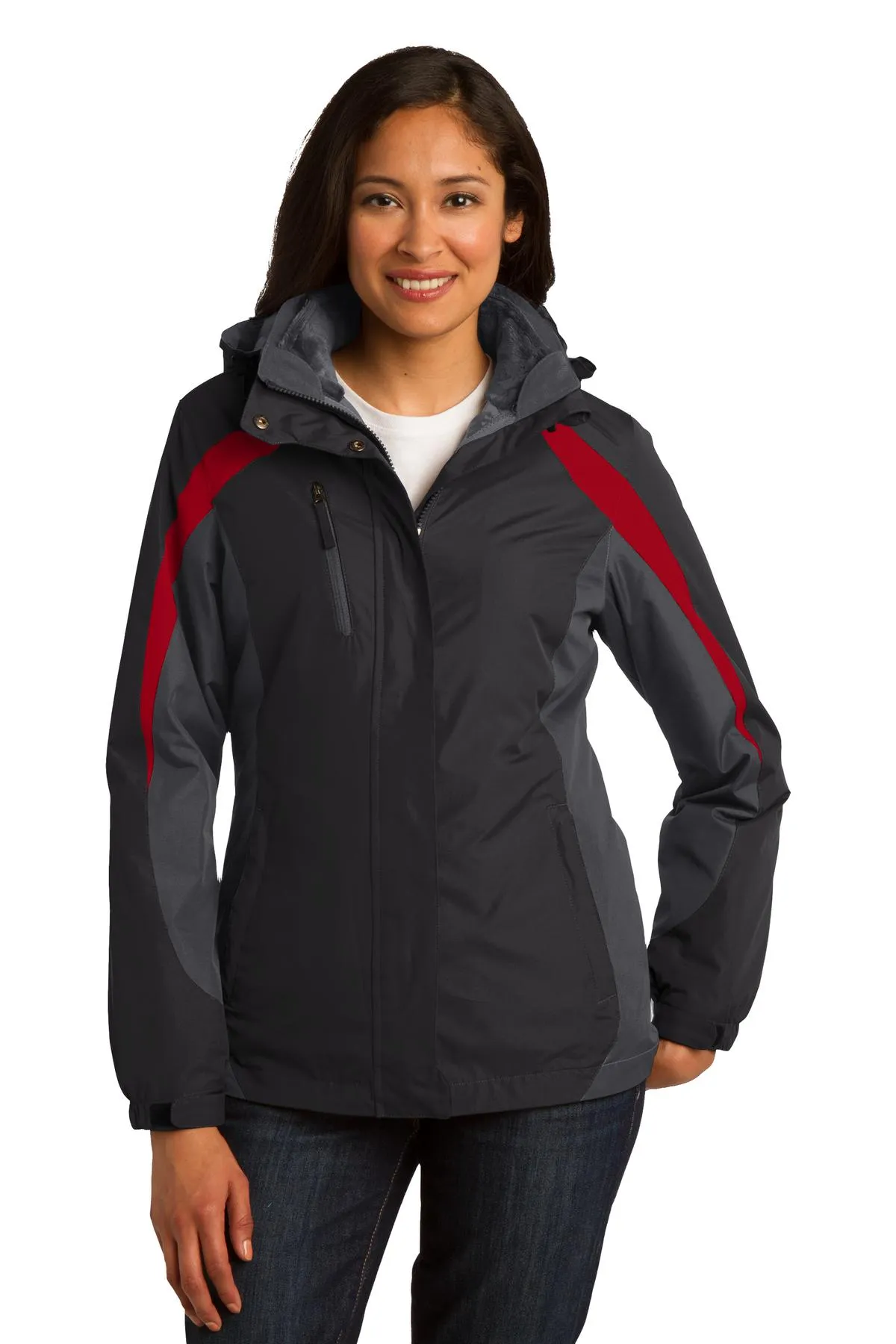 Port Authority Ladies Colorblock 3-in-1 Jacket L321 Black/ Magnet Grey/ Signal Red