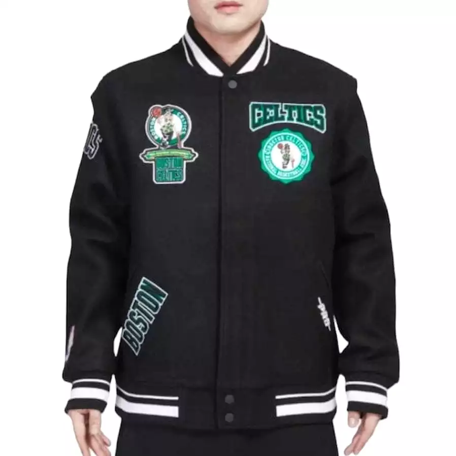 Pro Standard Boston Celtics Crest Emblem Rib Wool Varsity Jacket (Black)