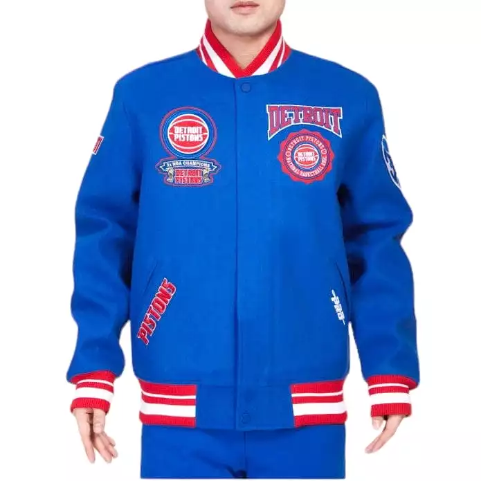 Pro Standard Detroit Pistons Crest Emblem Rib Wool Varsity Jacket (Royal/Red)