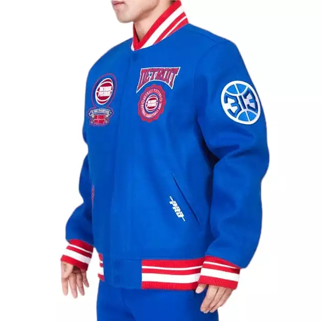 Pro Standard Detroit Pistons Crest Emblem Rib Wool Varsity Jacket (Royal/Red)