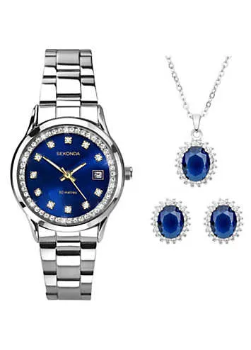 Sekonda Ladies Catherine 3 Piece Gift Set with Blue Mother of Pearl Dial Watch, Blue Glass Pendant & Matching Earrings | Kal