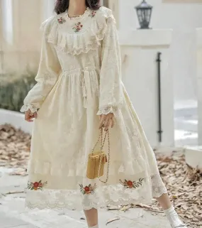 Sunlight Spirit Victorian-Style Lace Embroidered Cottagecore Dress