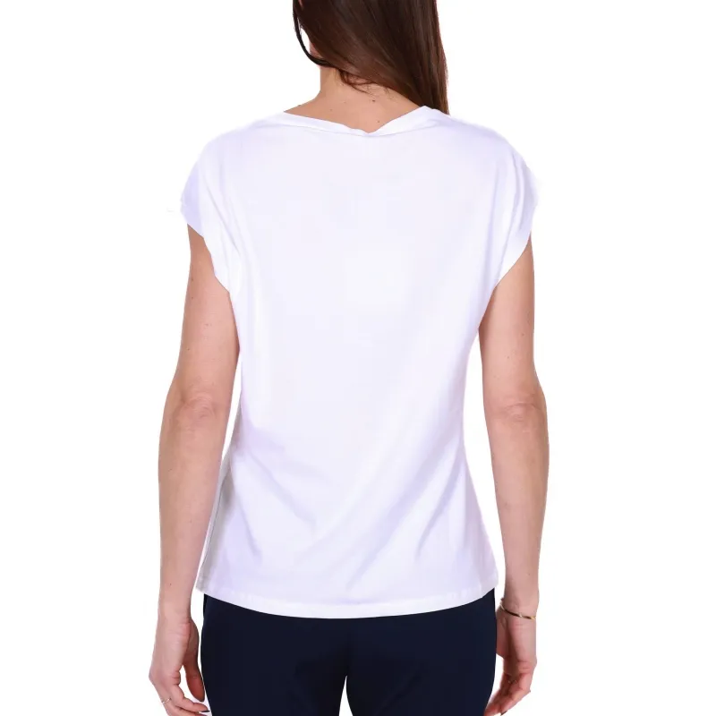 T-SHIRT GIROCOLLO CON STAMPA E STRASS, BIANCO