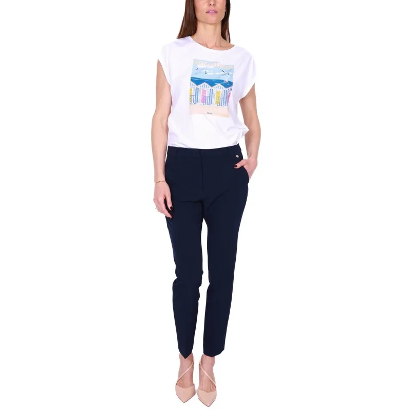 T-SHIRT GIROCOLLO CON STAMPA E STRASS, BIANCO