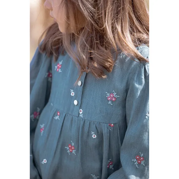 Tartine et Chocolat Chambray Floral Embroidered Long Sleeve Midi Dress, Blue