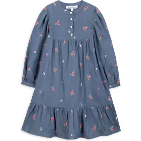 Tartine et Chocolat Chambray Floral Embroidered Long Sleeve Midi Dress, Blue