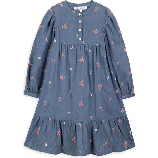 Tartine et Chocolat Chambray Floral Embroidered Long Sleeve Midi Dress, Blue