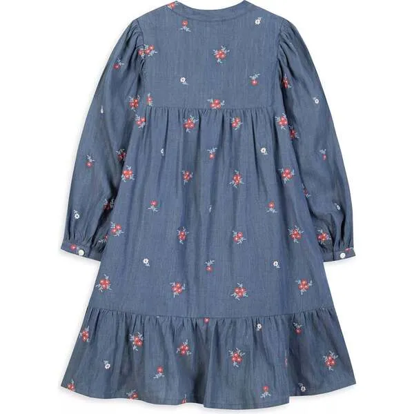 Tartine et Chocolat Chambray Floral Embroidered Long Sleeve Midi Dress, Blue