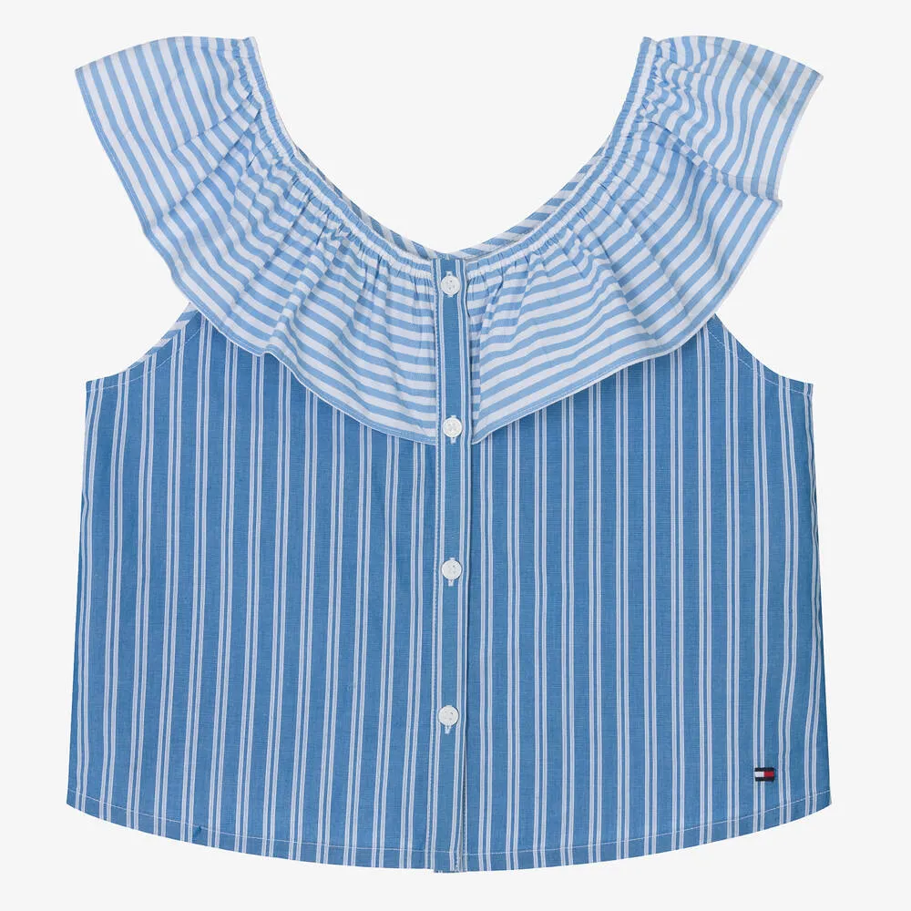 Teen Girls Blue Cotton Stripe Blouse