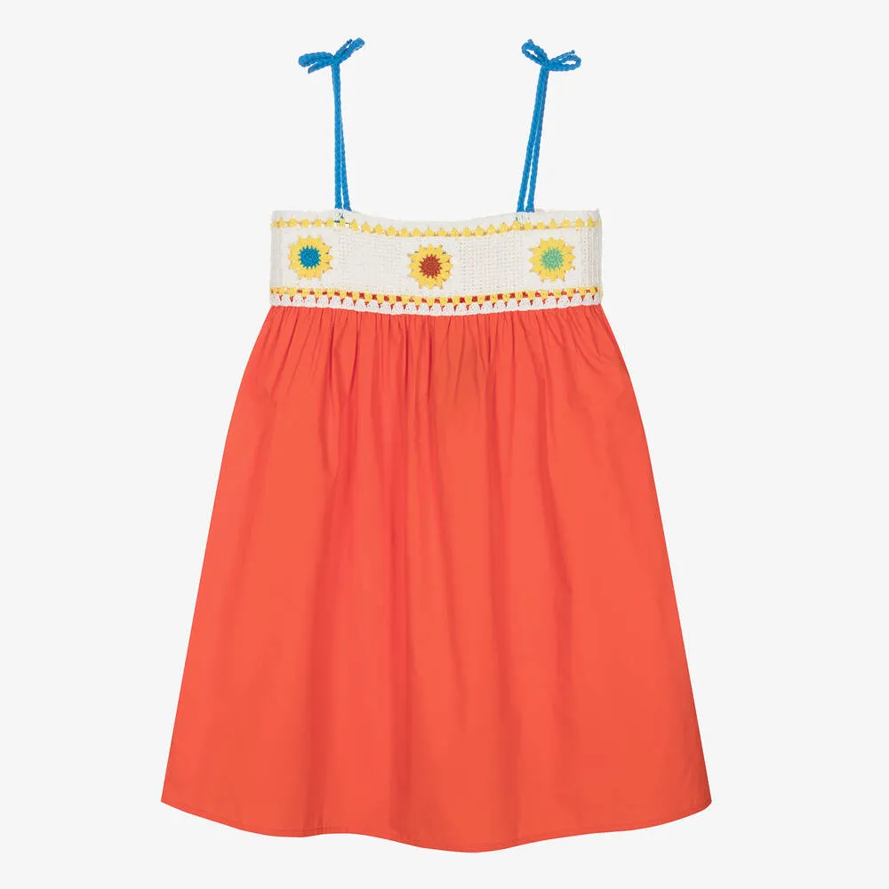 Teen Girls Orange Cotton Crochet Dress