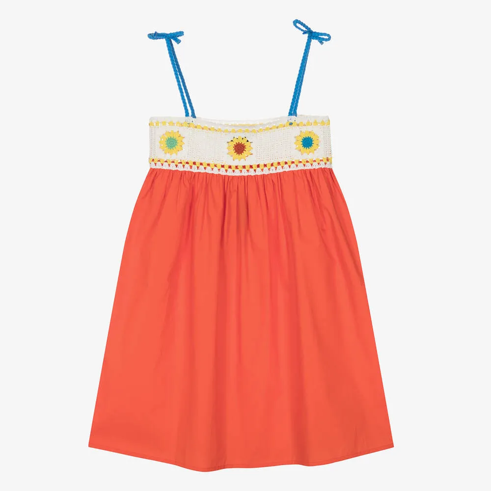 Teen Girls Orange Cotton Crochet Dress