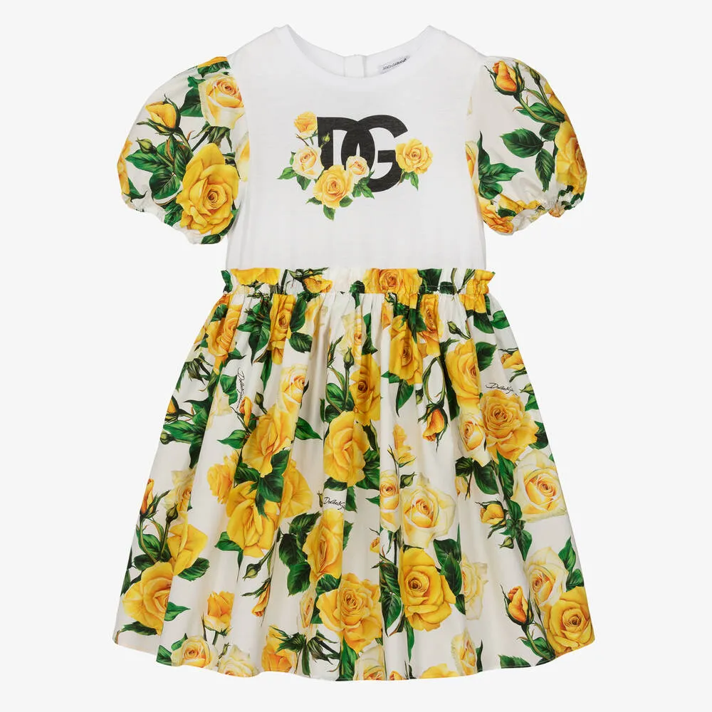 Teen Girls Yellow Rose Print Cotton Dress