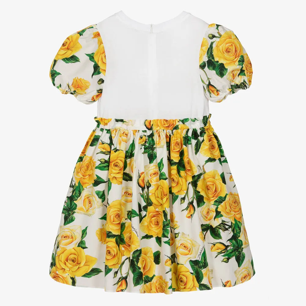 Teen Girls Yellow Rose Print Cotton Dress