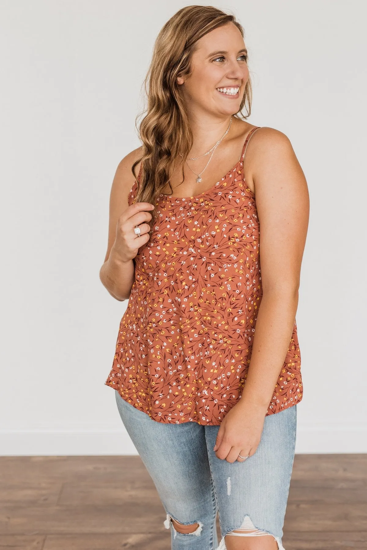 The Cutest Apple In The Orchard Floral Tank Top- Rust