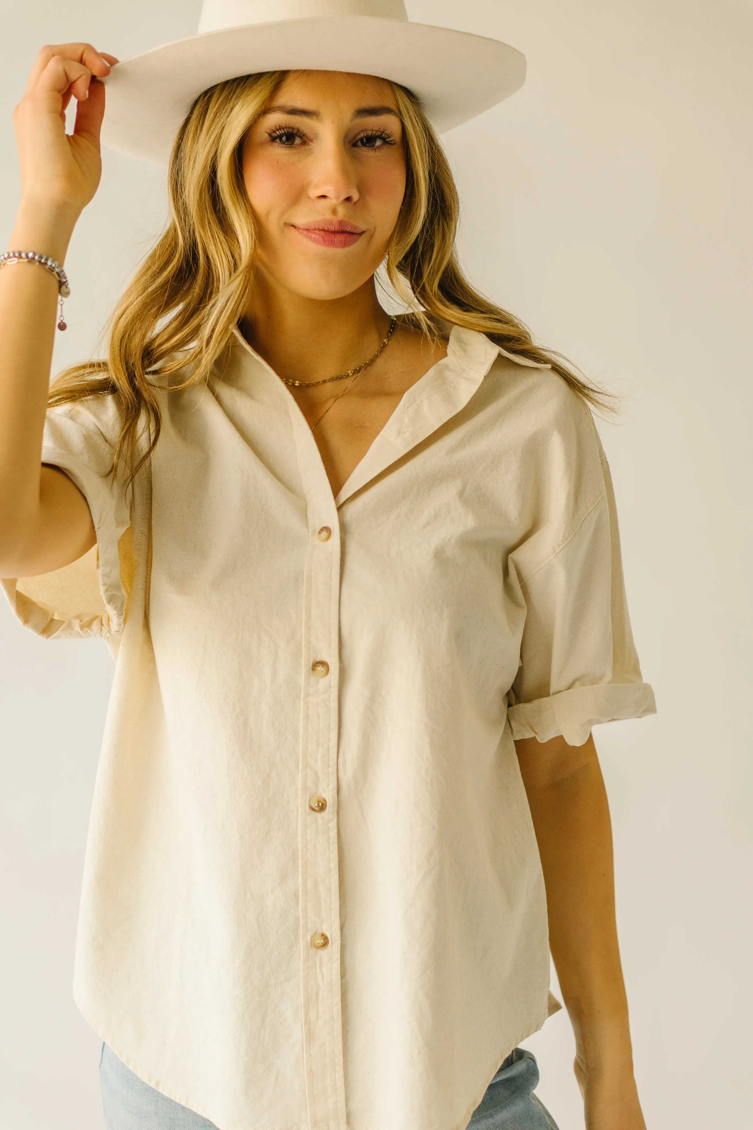 The Rosner Cuff Sleeved Button-Up Blouse in Natural