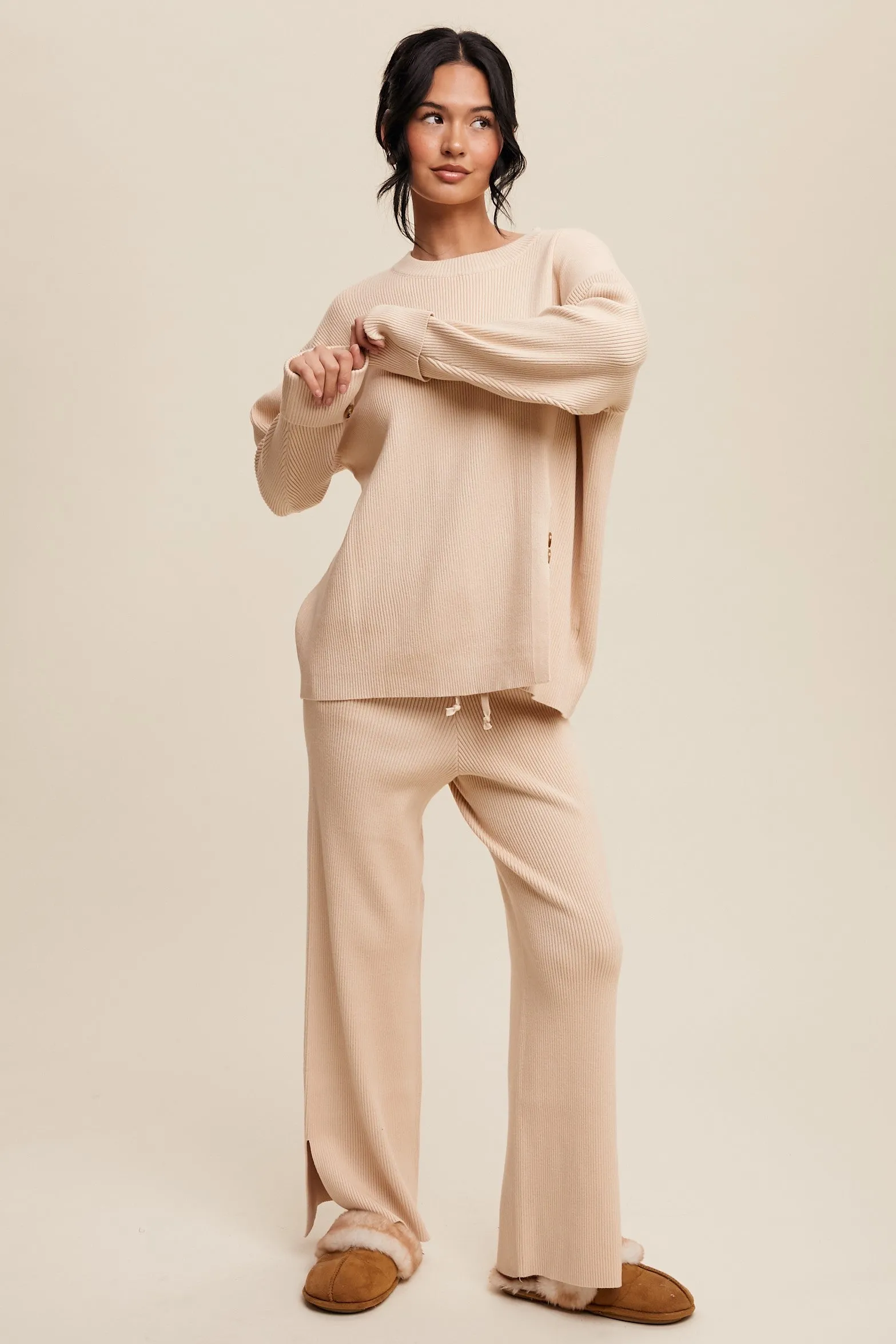 Theresa Side Button Detailed Knit Sweater and Pants Set in Champagne