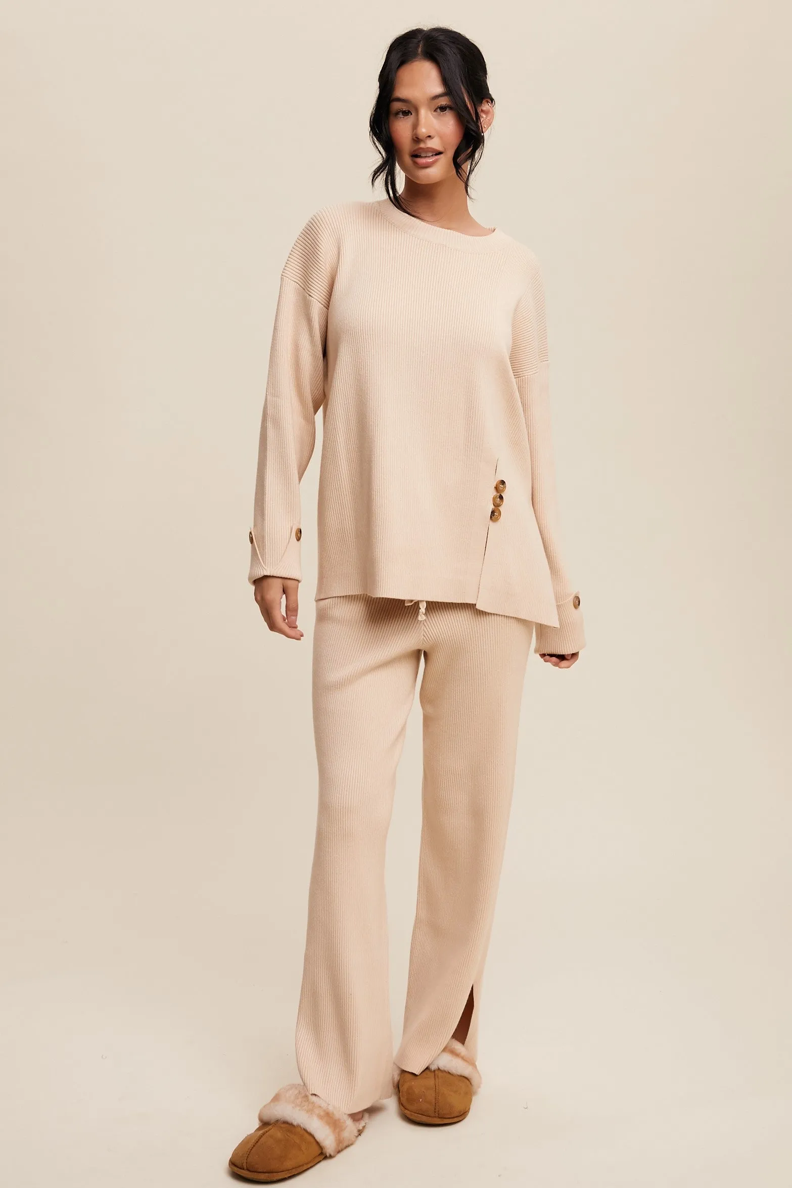 Theresa Side Button Detailed Knit Sweater and Pants Set in Champagne