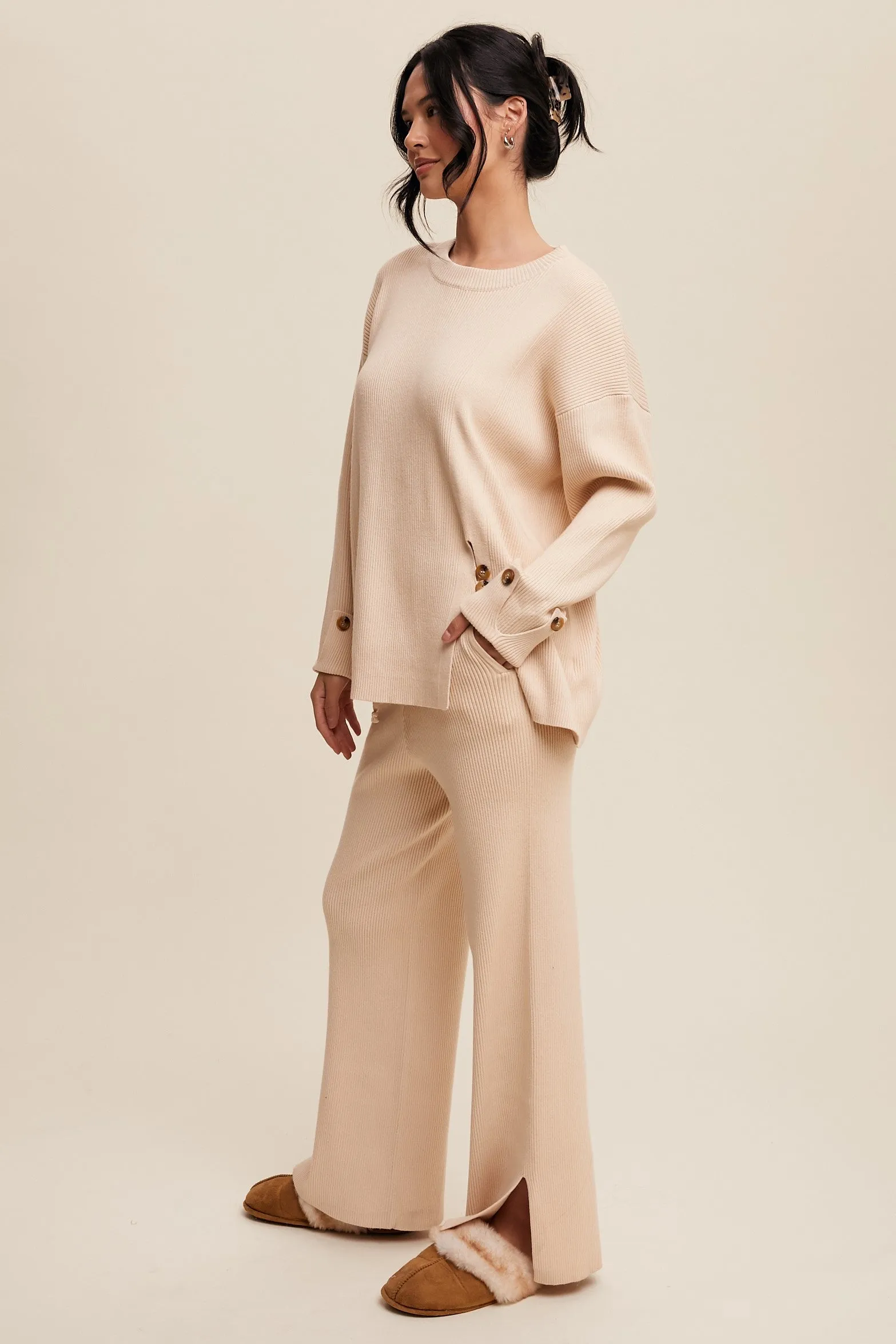 Theresa Side Button Detailed Knit Sweater and Pants Set in Champagne