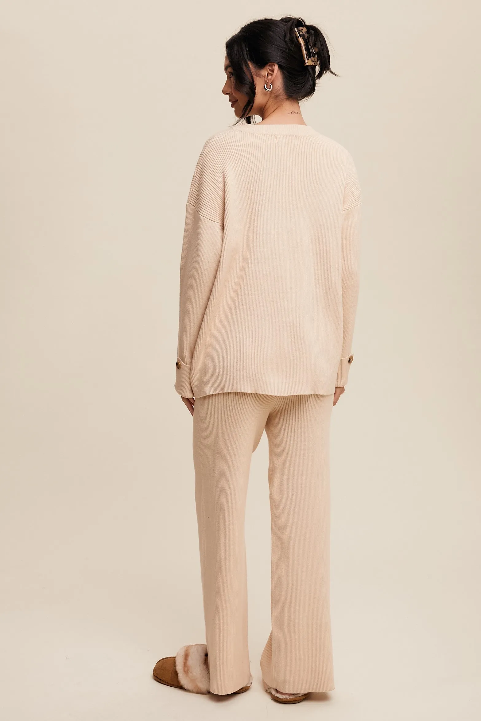 Theresa Side Button Detailed Knit Sweater and Pants Set in Champagne