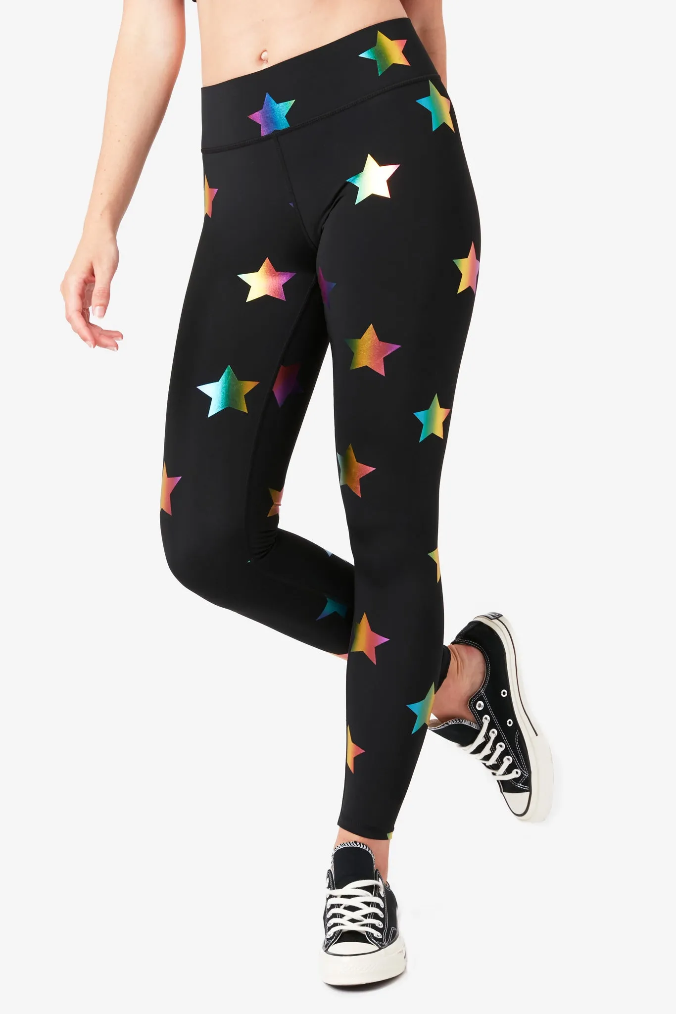 UpLift Leggings in Black Rainbow Star Foil with Tall Band