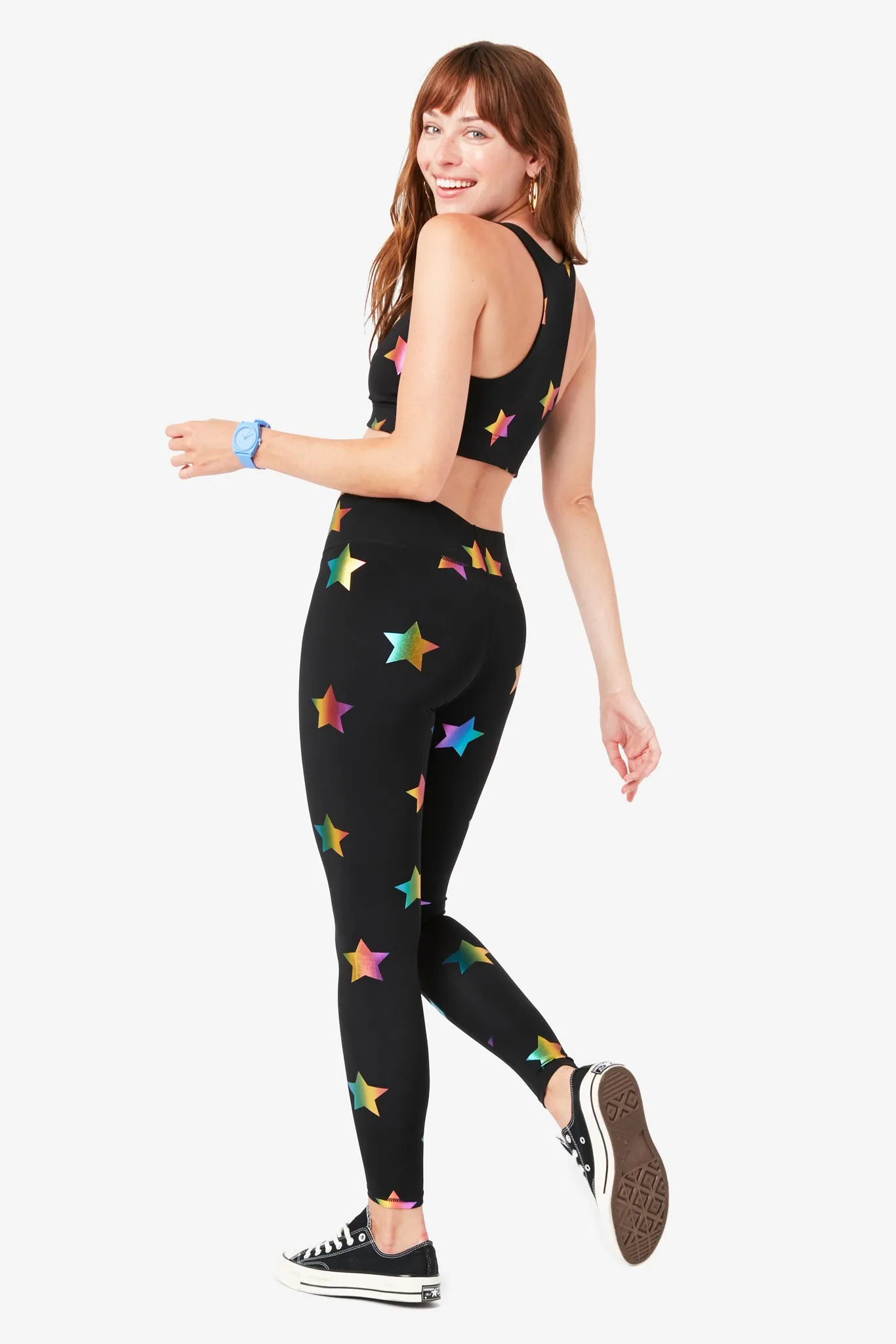 UpLift Leggings in Black Rainbow Star Foil with Tall Band