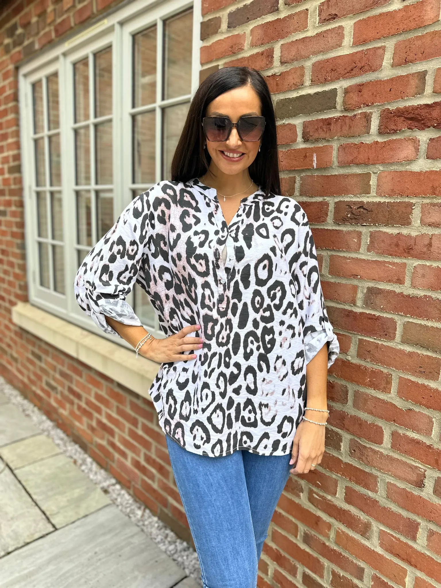 White Leopard Print Textured Button Detail Blouse Fran