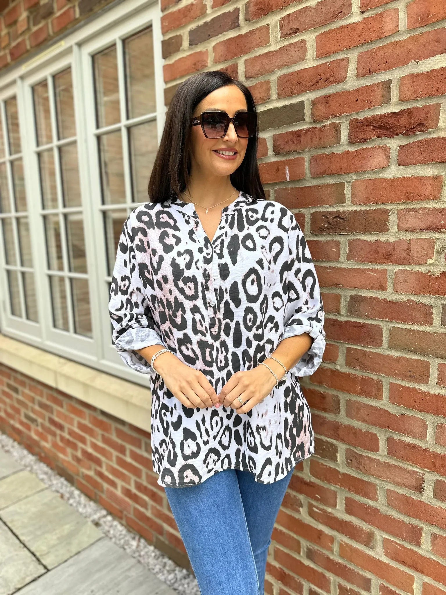 White Leopard Print Textured Button Detail Blouse Fran