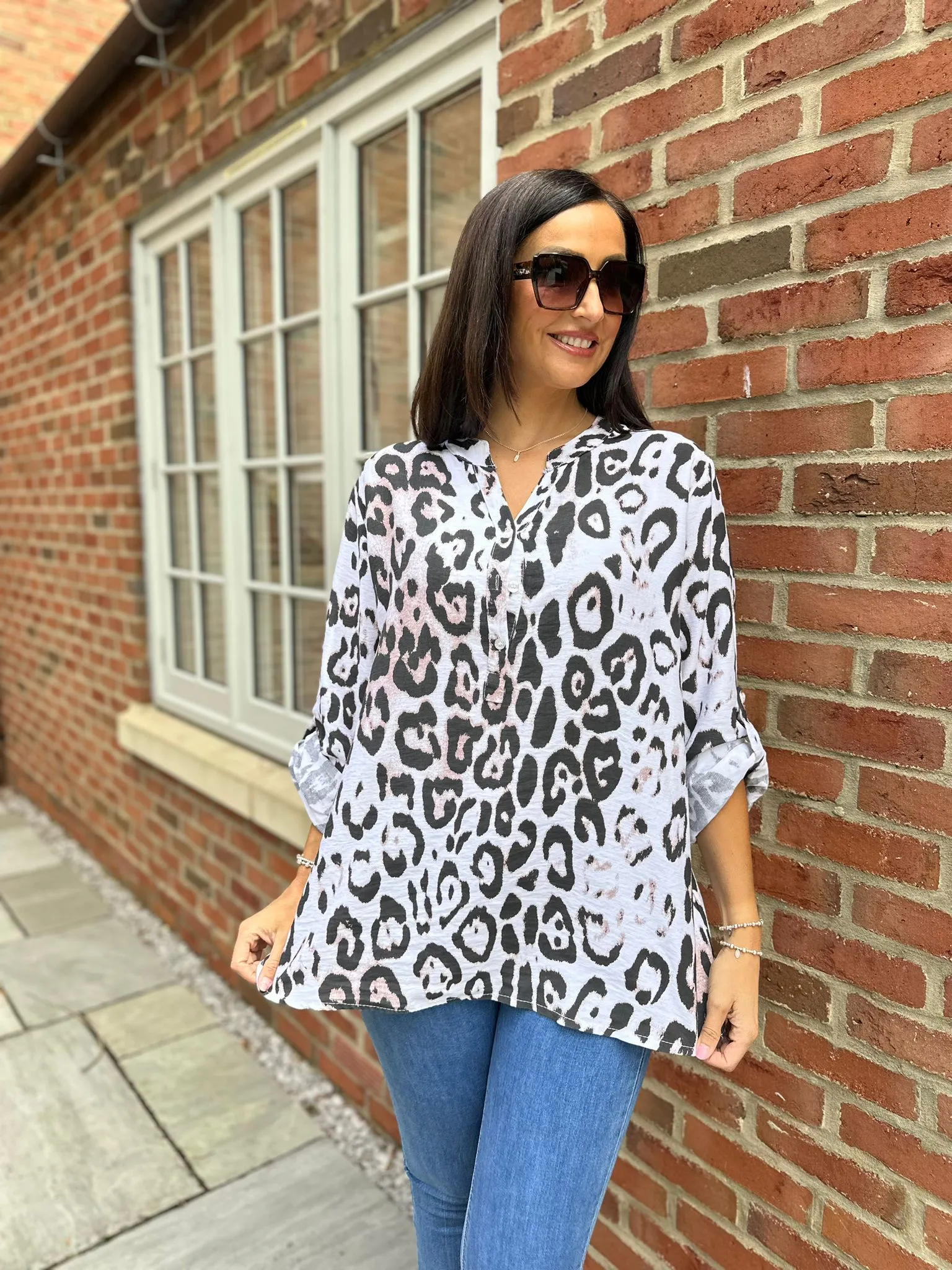 White Leopard Print Textured Button Detail Blouse Fran