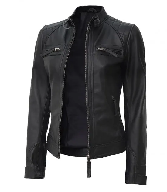 Women Petite Black Quilted Cafe Racer Leather Jacket