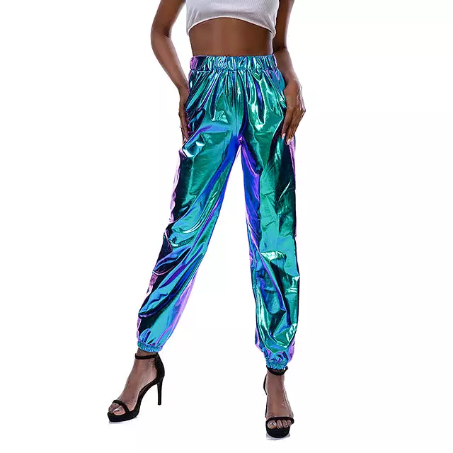 Women Shiny Holographic Pants Loose High Waist Metallic Trousers