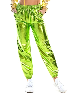 Women Shiny Holographic Pants Loose High Waist Metallic Trousers