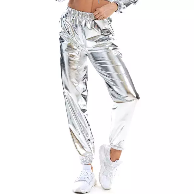 Women Shiny Holographic Pants Loose High Waist Metallic Trousers