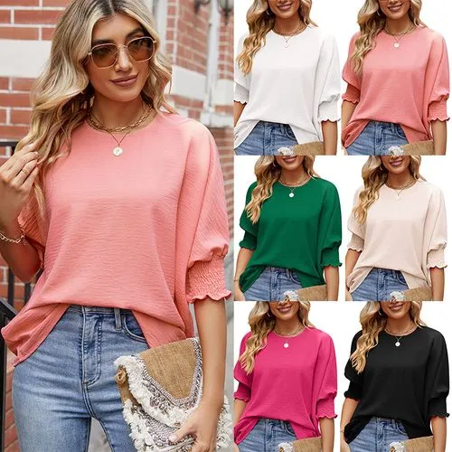 Women's Blouse Half Sleeve T-Shirts Pleated Streetwear Solid Color